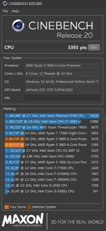 1열 수냉 시네벤치 결과