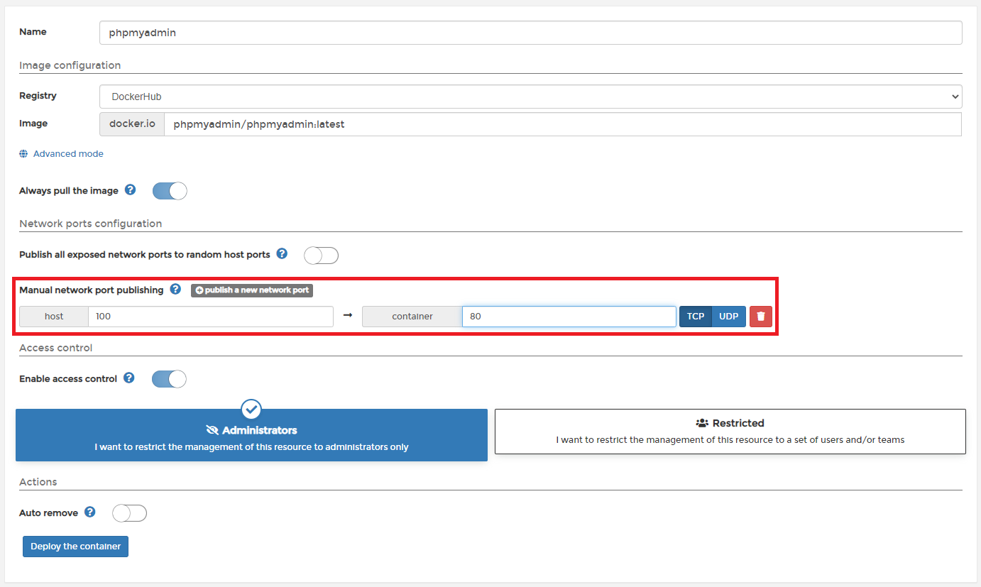 컨테이너 생성 및 포트 설정