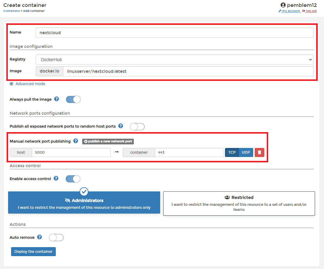 컨테이너 생성 및 포트 연결