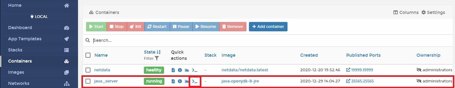 자바 컨테이너 콘솔 접속