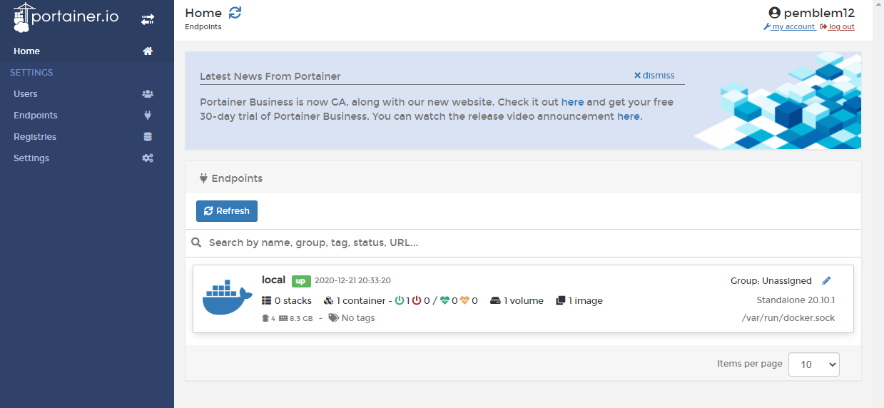 Portainer 대시보드 화면