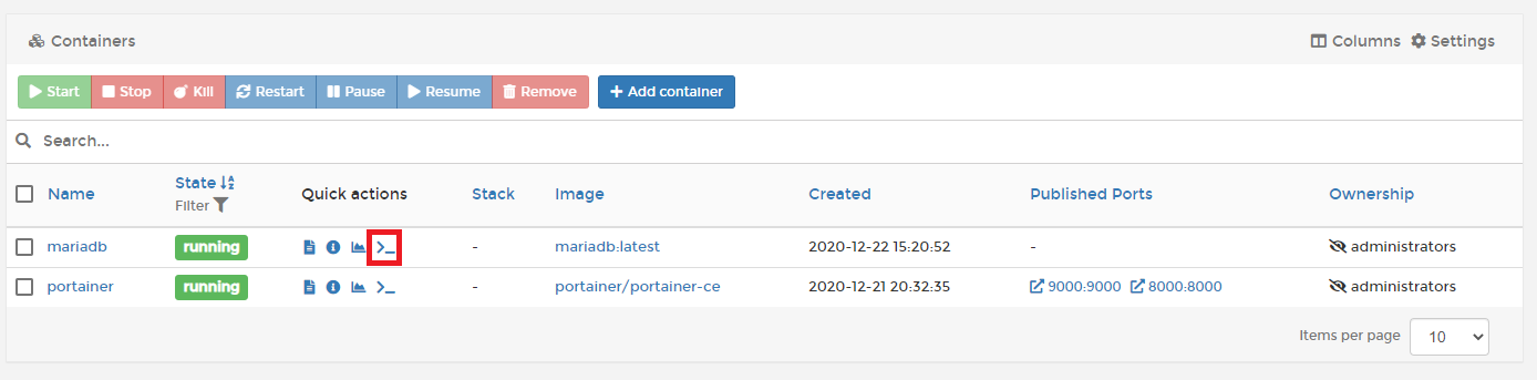컨테이너 리스트 확인