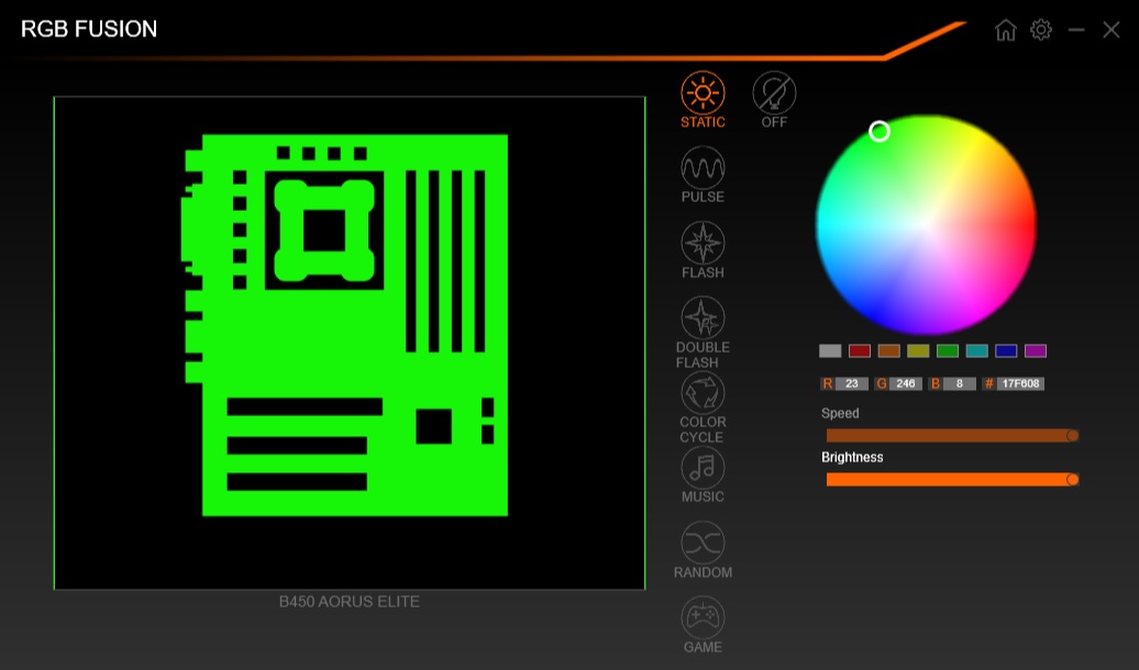 RGB 퓨전 조명 효과 설정 목록
