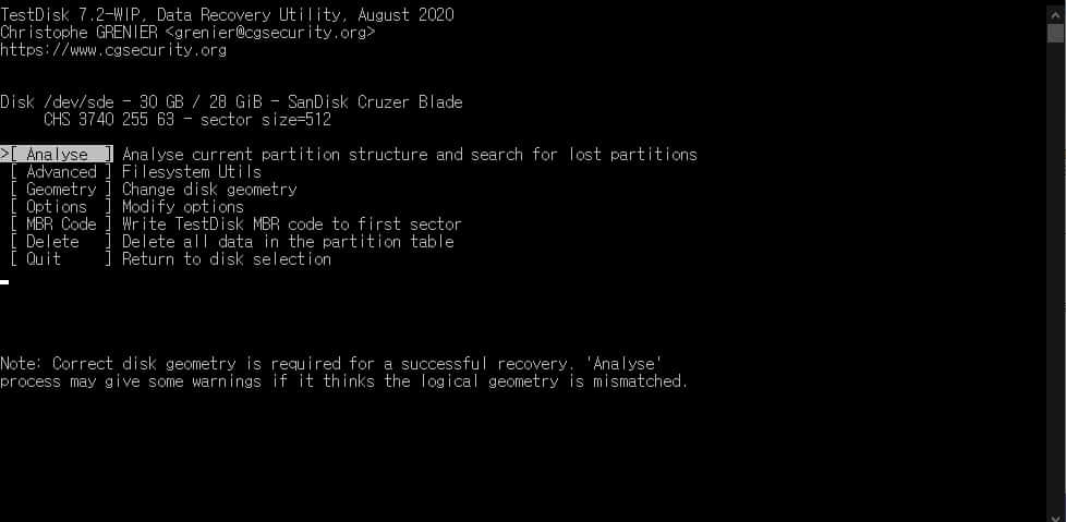 디스크 분석 선택