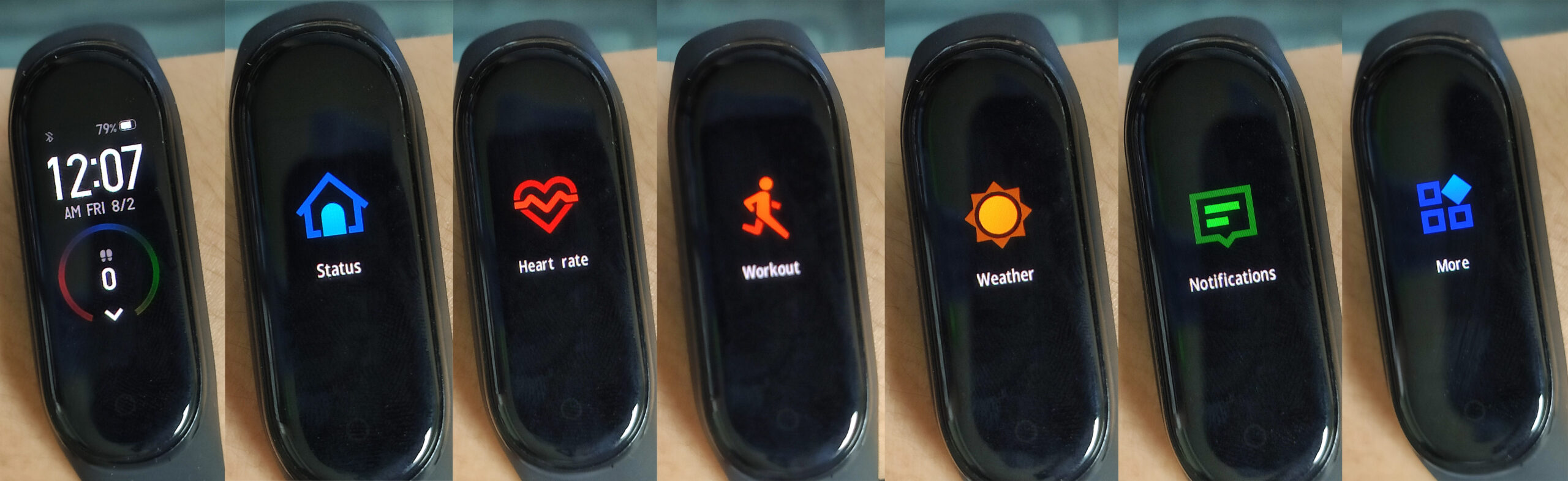 미 밴드 4 다양한 메뉴 탭 화면