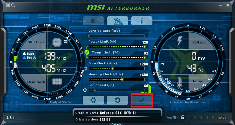 애프터버너 오버클럭 설정 화면