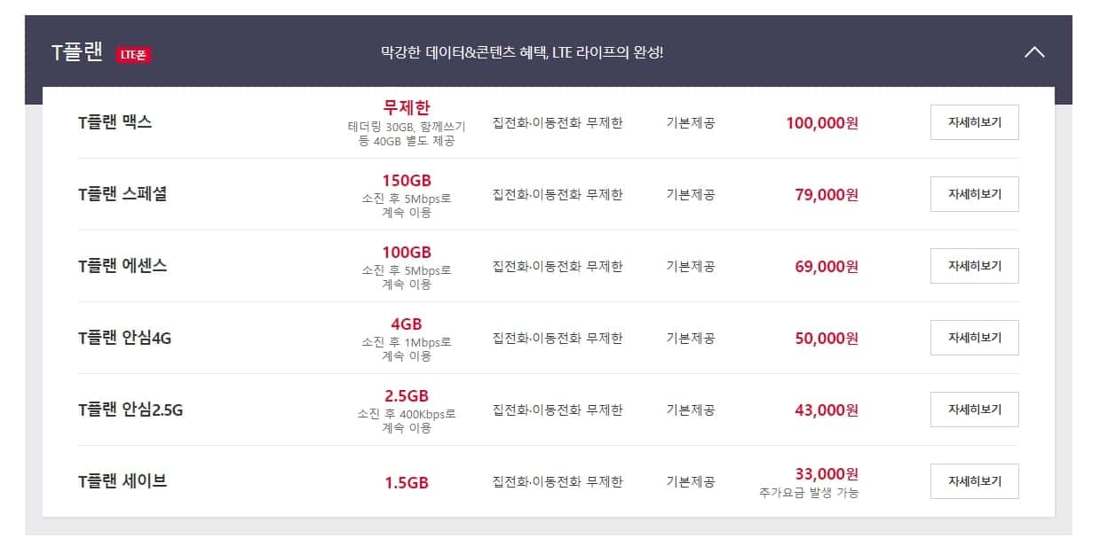 원하는 요금제 선택 가능