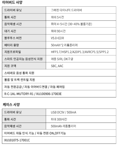 뮤토리 R1 상세 제품 사양표