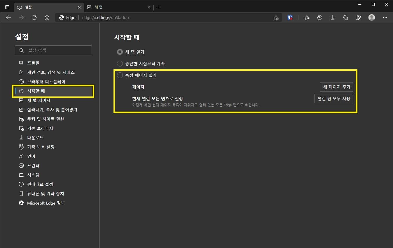 시작할 때 탭에서 특정 페이지 열기 선택